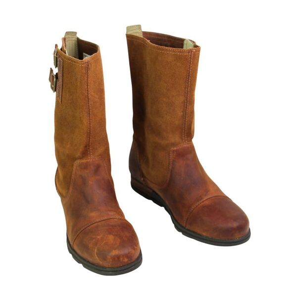 Sorel BROWN GENUINE LEATHER LOW HEEL ROUND TOE FLAT BUCKLE BELTED BOOTS Sz 8 - Picture 1 of 14